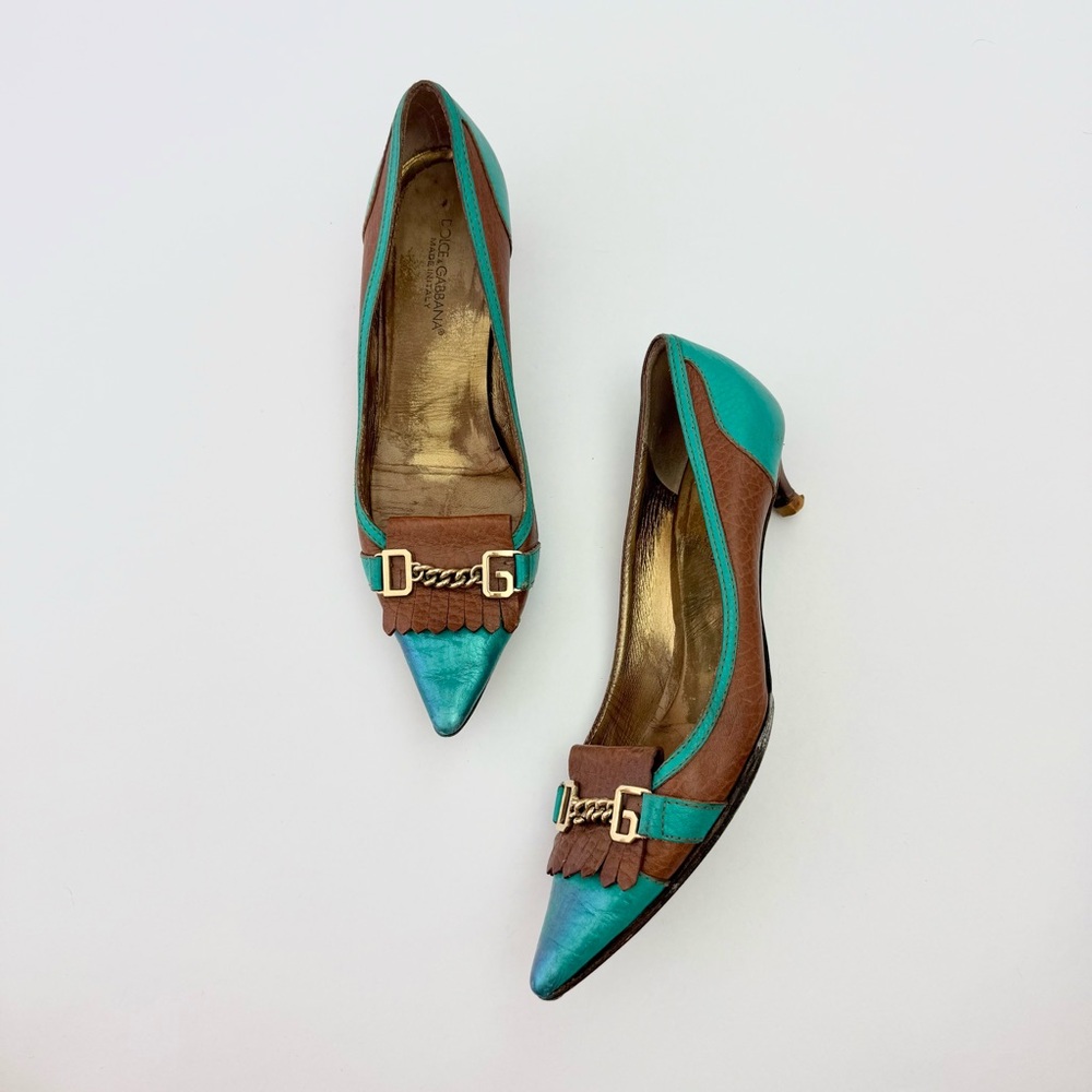 Dolce & Gabbana Teal Tassel Chain Logo Kitten Heels